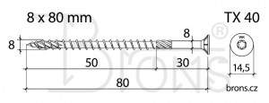 Vrut konstrukční se zápustnou hlavou 8x80 TX - obr. 2